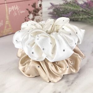 NWT Celestial Silk Genuine Mulberry Silk Scrunchies w/ Crystals - Taupe & Ivory